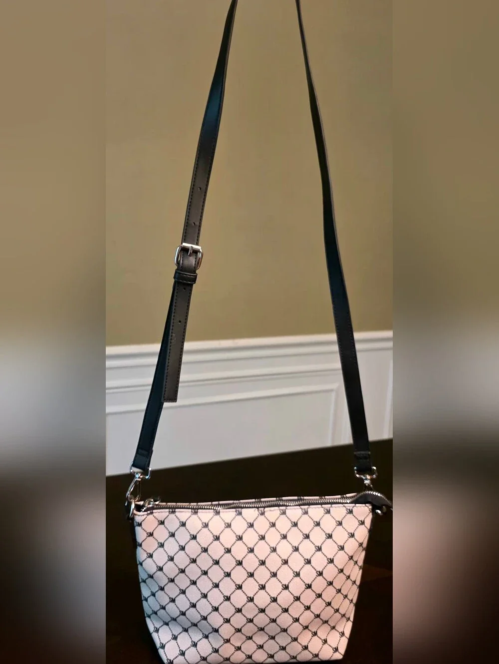 Steve Madden Beige Black SM Monogram Zip Crossbody Bag